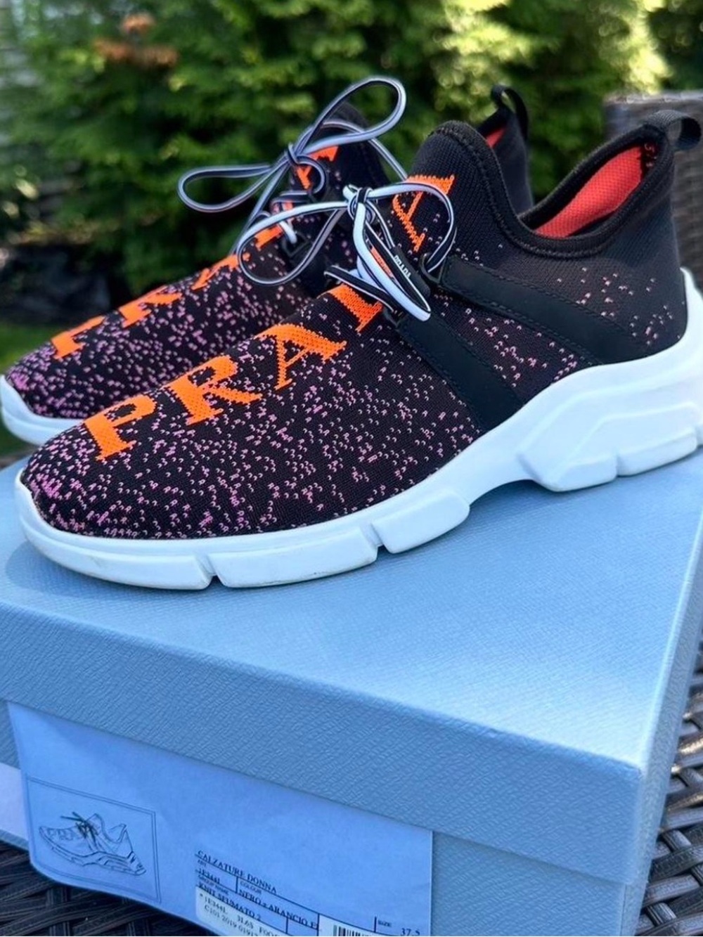 Prada Women Black Sneakers with Orange Logo